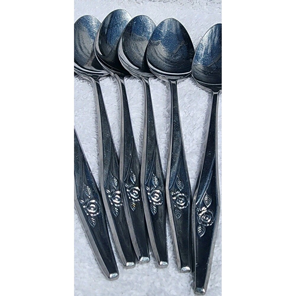 Stainless Steel Flatware Rose Floral, Set of 6 Serrated Grapefruit Teaspoons